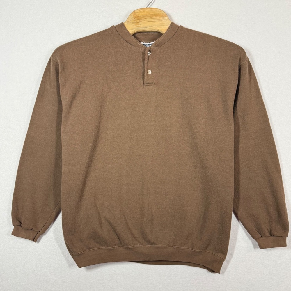 Lee Sweatshirt Mens XL‎ Brown Long Sleeve Henley Crew Neck Made USA